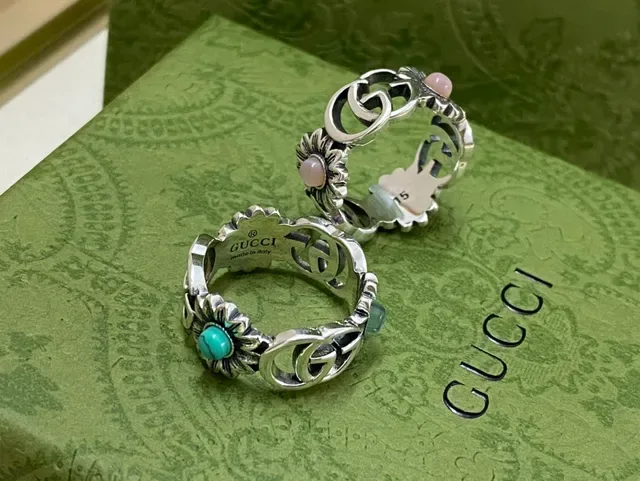 Gucci Floral Interlocking G Silver Blue Motif Ring 3