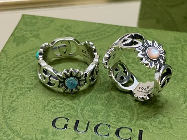 Gucci Floral Interlocking G Silver Blue Motif Ring 4