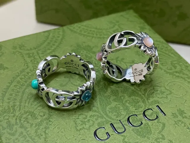 Gucci Floral Interlocking G Silver Blue Motif Ring 5