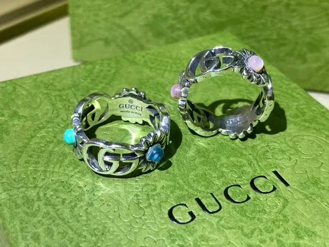 Gucci Floral Interlocking G Silver Blue Motif Ring 6