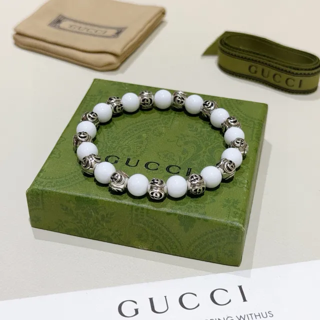 Gucci GG Marmont Beaded Bracelet White Silver Interlocking G Motif Bracelet 3