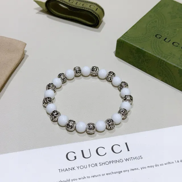 Gucci GG Marmont Beaded Bracelet White Silver Interlocking G Motif Bracelet 4