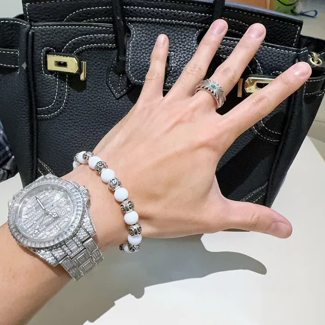 Gucci GG Marmont Beaded Bracelet White Silver Interlocking G Motif Bracelet 5