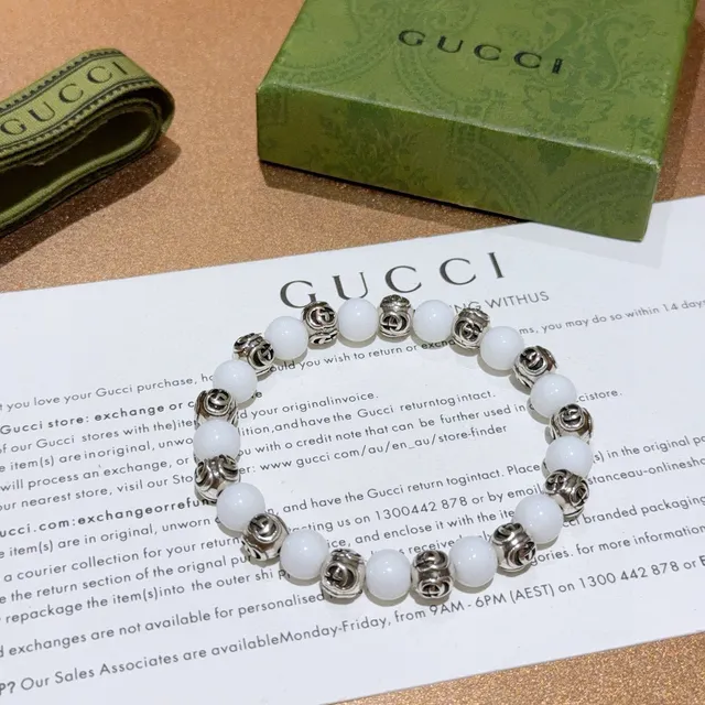 Gucci GG Marmont Beaded Bracelet White Silver Interlocking G Motif Bracelet 6
