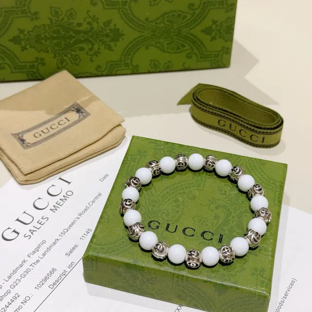 Gucci GG Marmont Beaded Bracelet White Silver Interlocking G Motif Bracelet 7