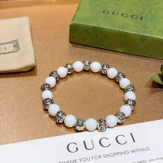 Gucci GG Marmont Beaded Bracelet White Silver Interlocking G Motif Bracelet 9
