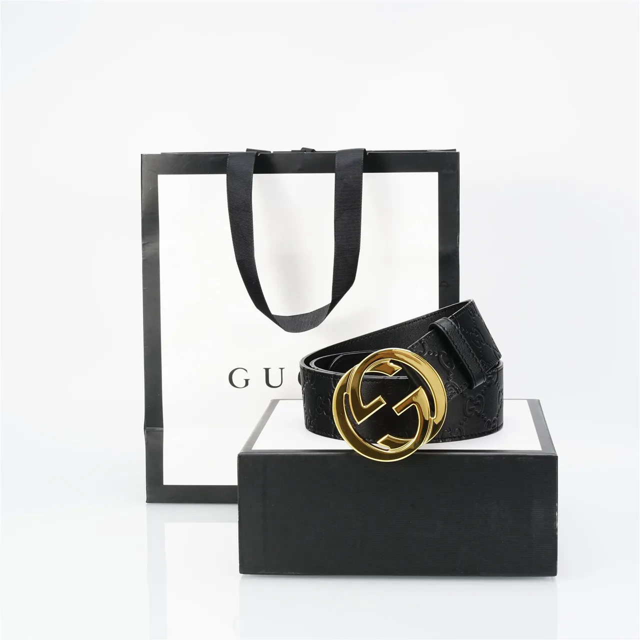 Gucci GG Marmont أسود ذهبي مطبوع مونوجرام قفل متشابك G حزام جلد 4
