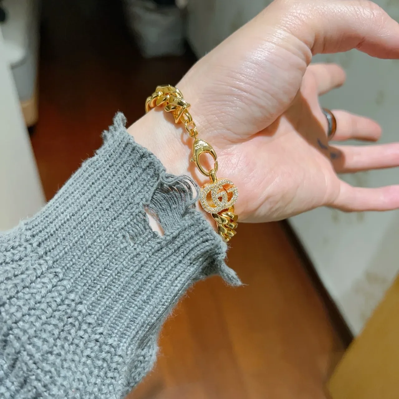 Gucci GG Marmont সোনালি Pavé ক্রিস্টাল Curb-Link ব্রেসলেট 4