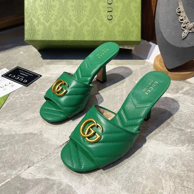 Gucci GG Marmont Vert Doré Matelassé Couture Chevron Double G Horsebit Buckle Sandales Casuales 8