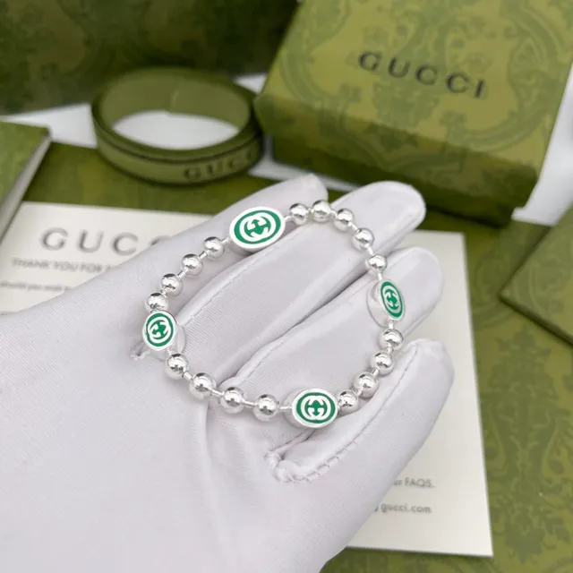 Gucci GG Marmont Green Silver Beaded Chain Enamel Motif Necklace 2