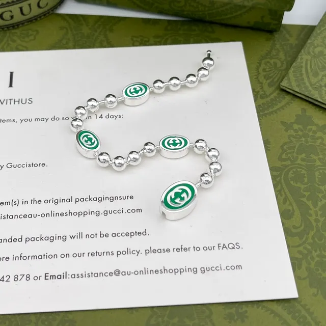 Gucci GG Marmont Green Silver Beaded Chain Enamel Motif Necklace 3