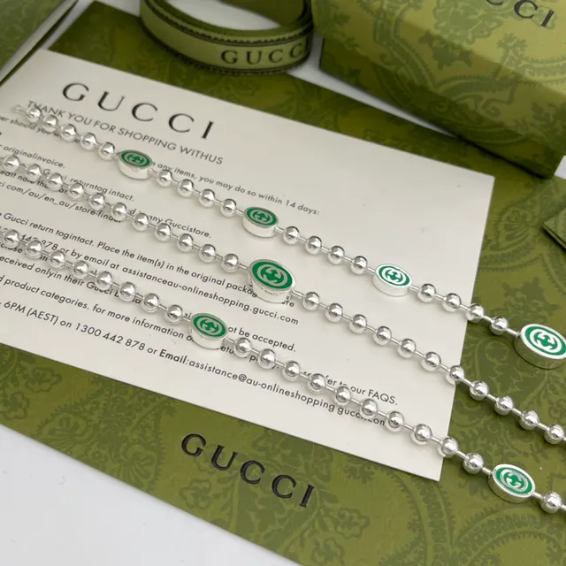 Gucci GG Marmont Green Silver Beaded Chain Enamel Motif Necklace 4