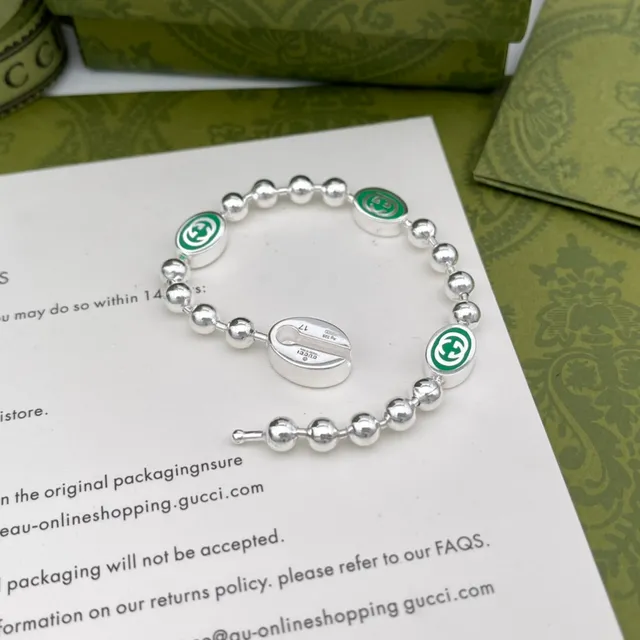 Gucci GG Marmont Green Silver Beaded Chain Enamel Motif Necklace 5