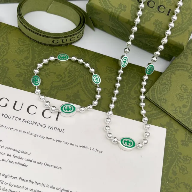 Gucci GG Marmont Green Silver Beaded Chain Enamel Motif Necklace 6