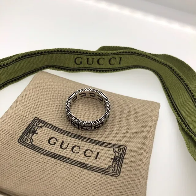 Gucci GG Marmont Anel Verde Prateado Borda com Miçangas Motivo de Chave Grega 4