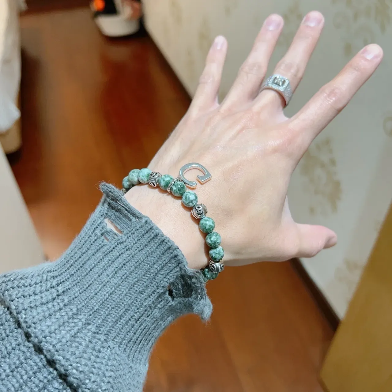 Gucci GG Marmont Green Silver Beaded Marbled Stone Bracelet 2