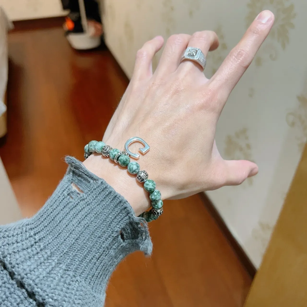 Gucci GG Marmont Green Silver Beaded Marbled Stone Bracelet 6