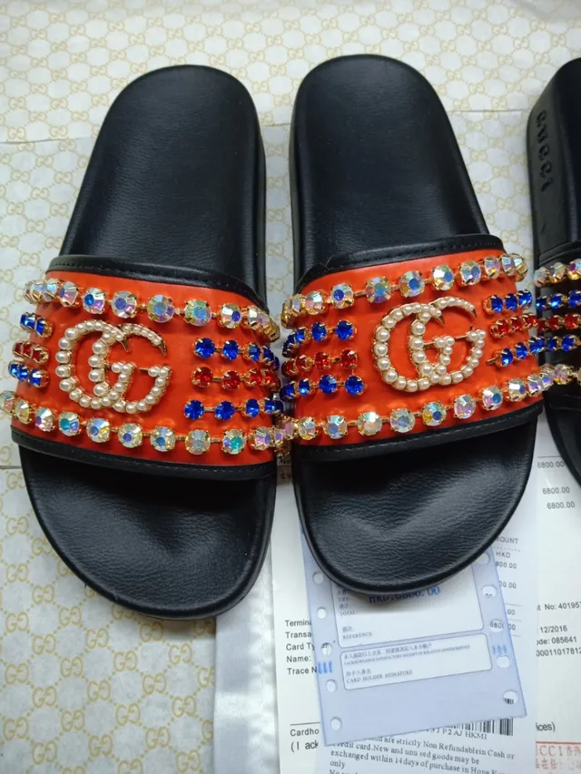 Gucci GG Marmont Orange Pearl and Crystal Embellished Slippers 2