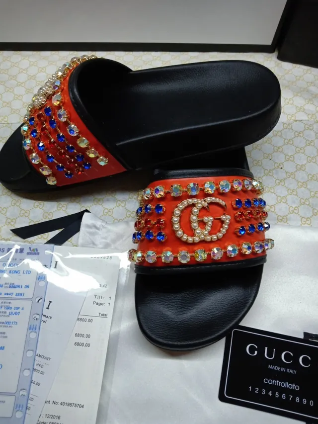 Gucci GG Marmont Orange Pearl and Crystal Embellished Slippers 4