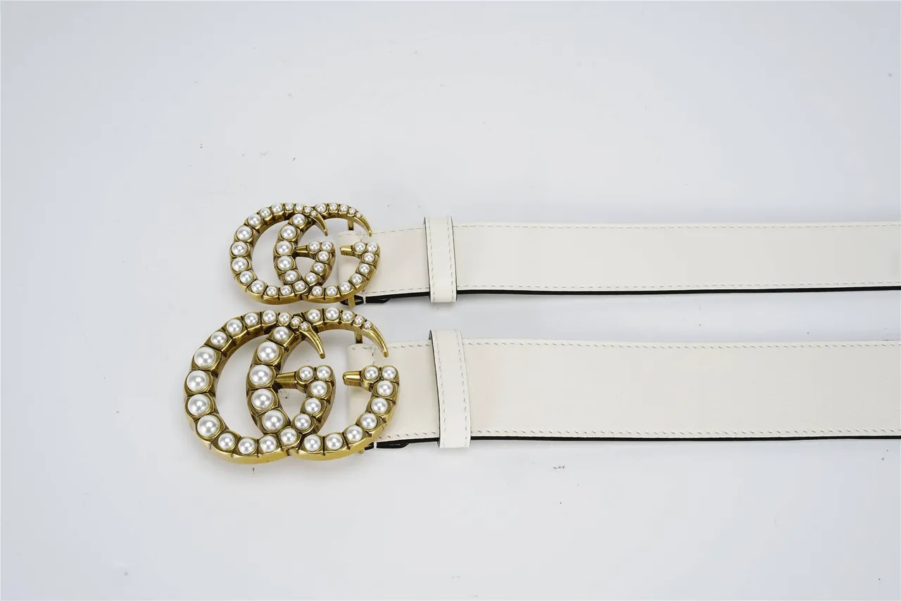 Gucci GG Marmont মুক্তা-অলংকৃত সাদা চামড়ার বেল্ট 2