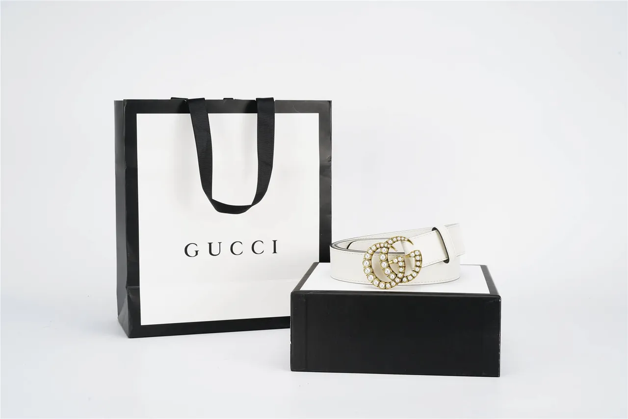 Gucci GG Marmont মুক্তা-অলংকৃত সাদা চামড়ার বেল্ট 5