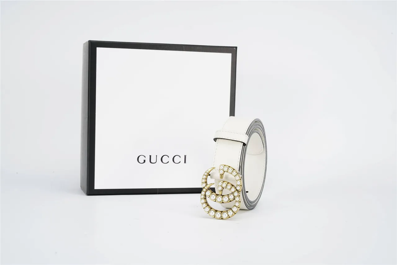Gucci GG Marmont মুক্তা-অলংকৃত সাদা চামড়ার বেল্ট 6