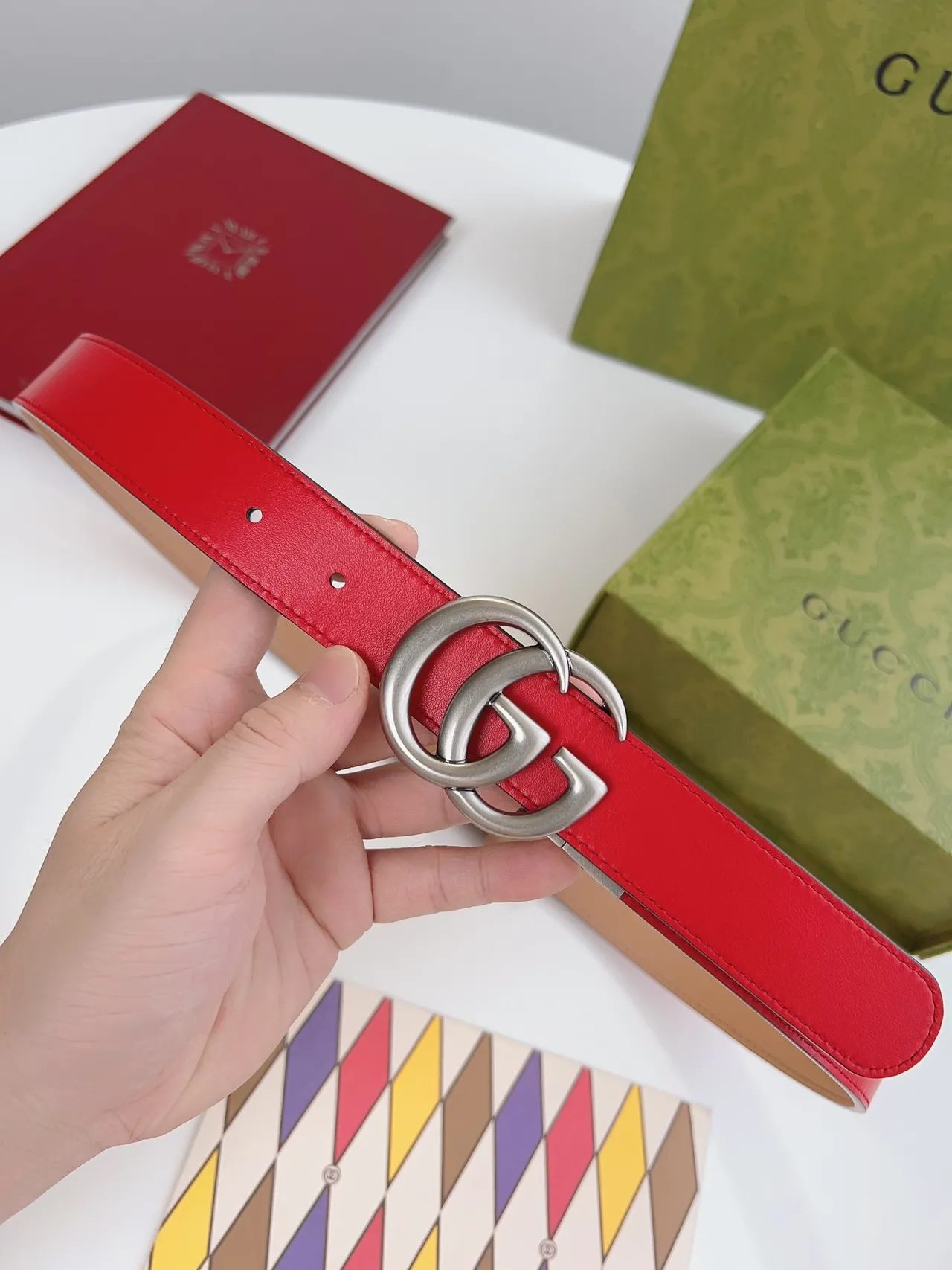 Gucci GG Marmont Reversible Red Beige Leather Belt 8
