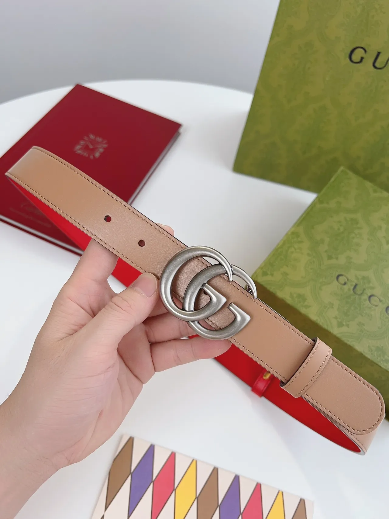 Gucci GG Marmont Reversible Red Beige Leather Belt 9