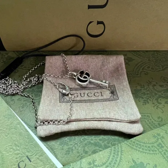 Gucci GG Marmont Silver Gold Key-Shaped Pendant Interlocking Double-G Logo Necklace 5