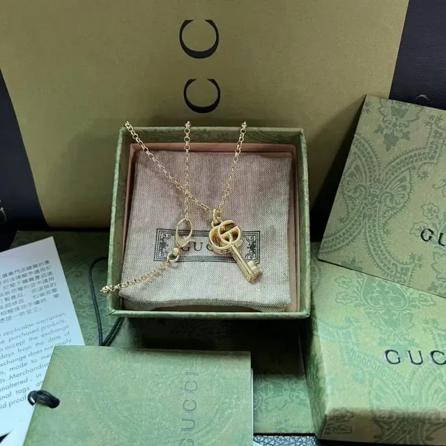 Gucci GG Marmont Silver Gold Key-Shaped Pendant Interlocking Double-G Logo Necklace 7