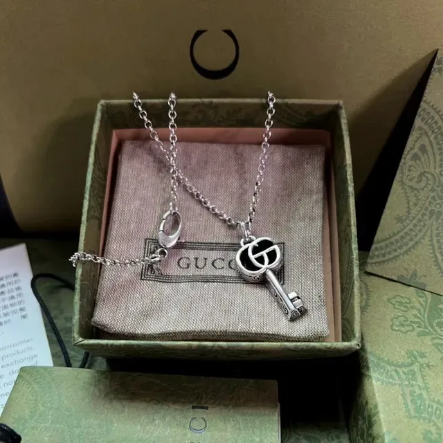 Gucci GG Marmont Silver Gold Key-Shaped Pendant Interlocking Double-G Logo Necklace 9