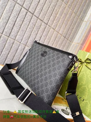 Gucci GG Monogram 黑色灰色帆布拉链封口信使包 4