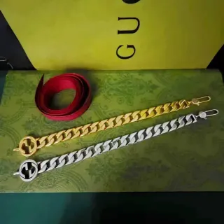 Gucci Gold Silver Chunky Curb-Link Chain Interlocking G Buckle Leather Belt