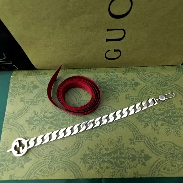 Gucci Gold Silver Chunky Curb-Link Chain Interlocking G Buckle Leather Belt 3