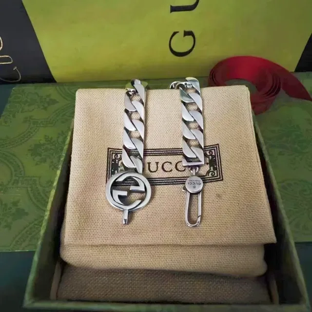 Gucci Gold Silver Chunky Curb-Link Chain Interlocking G Buckle Leather Belt 5