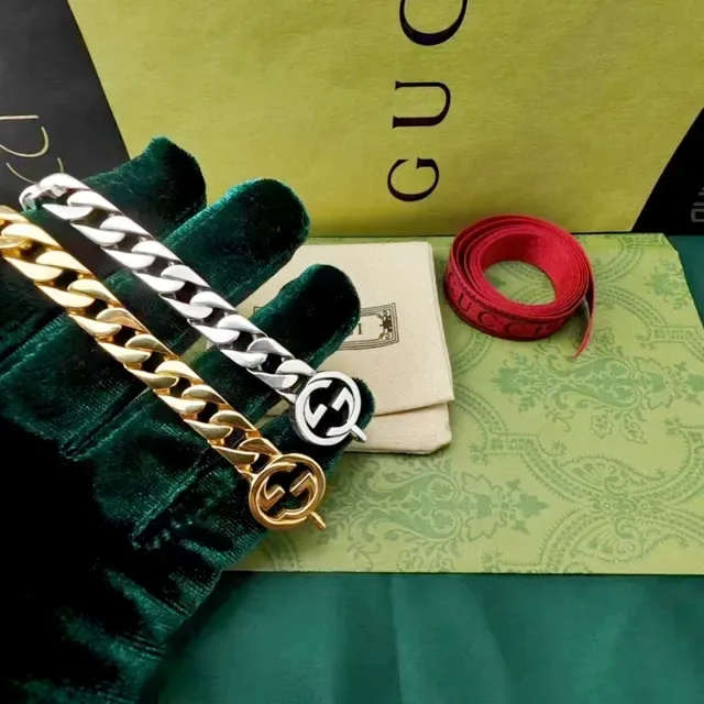 Gucci Gold Silver Chunky Curb-Link Chain Interlocking G Buckle Leather Belt 6