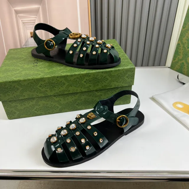 Gucci Sandales Gladiator Vert Or Multi-Strap Cristal Studded 7