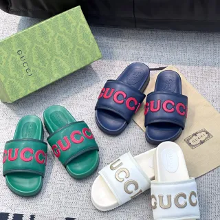 Gucci 绿色 红色 Logo-Strap 模制足床 拖鞋