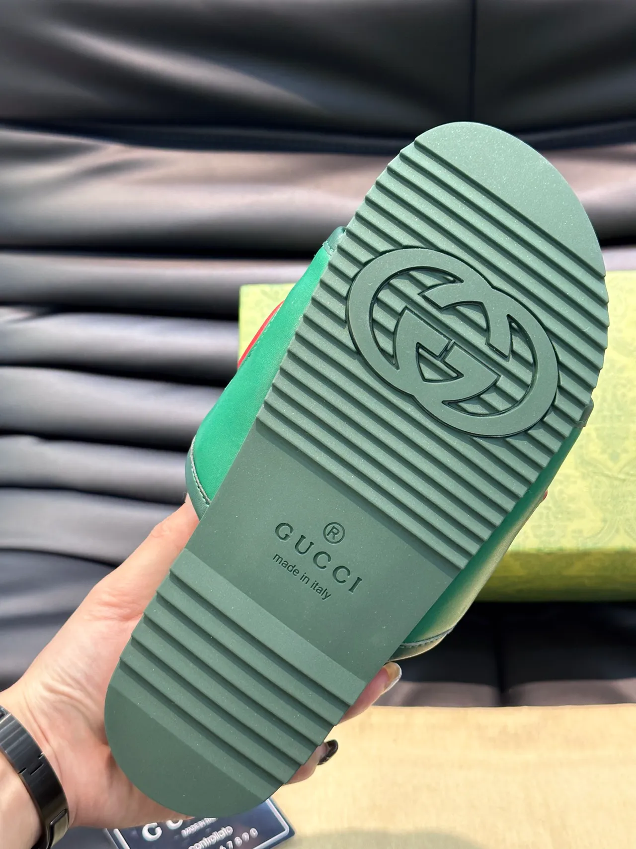 Gucci 绿色 红色 Logo-Strap 模制足床 拖鞋 3