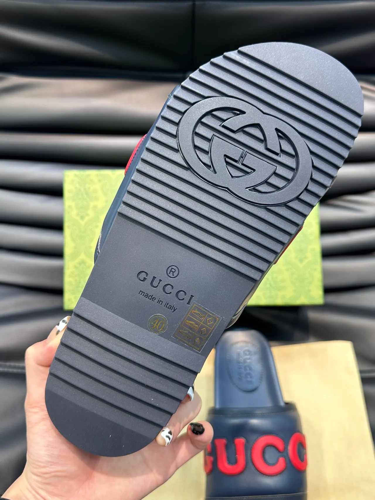 Gucci 绿色 红色 Logo-Strap 模制足床 拖鞋 4