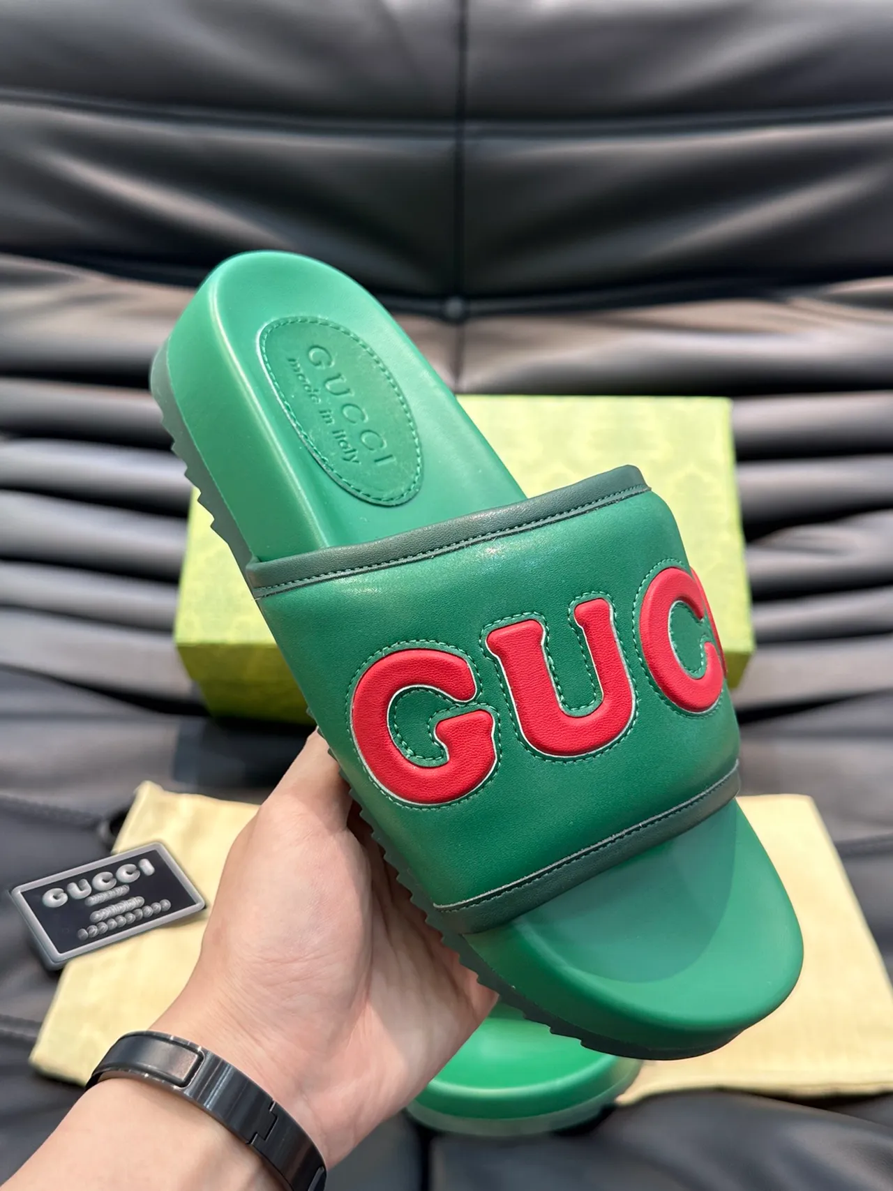 Gucci 绿色 红色 Logo-Strap 模制足床 拖鞋 7