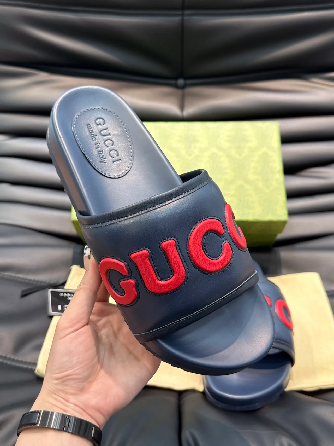 Gucci 绿色 红色 Logo-Strap 模制足床 拖鞋 8