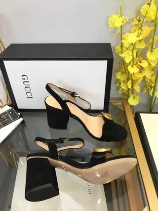 Gucci Horsebit 1955 काला सुनहरा स्लिंगबैक सुड-लाइक ब्लॉक हील 3