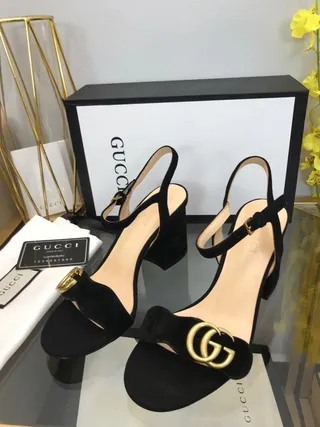 Gucci Horsebit 1955 काला सुनहरा स्लिंगबैक सुड-लाइक ब्लॉक हील 5