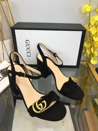 Gucci Horsebit 1955 काला सुनहरा स्लिंगबैक सुड-लाइक ब्लॉक हील 8