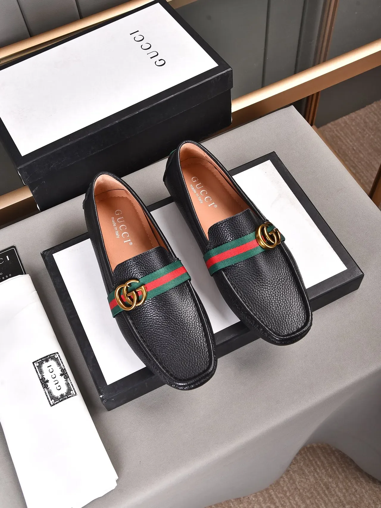 Gucci Horsebit 1955 Black Pebbled Leather Web Strap Loafers 2