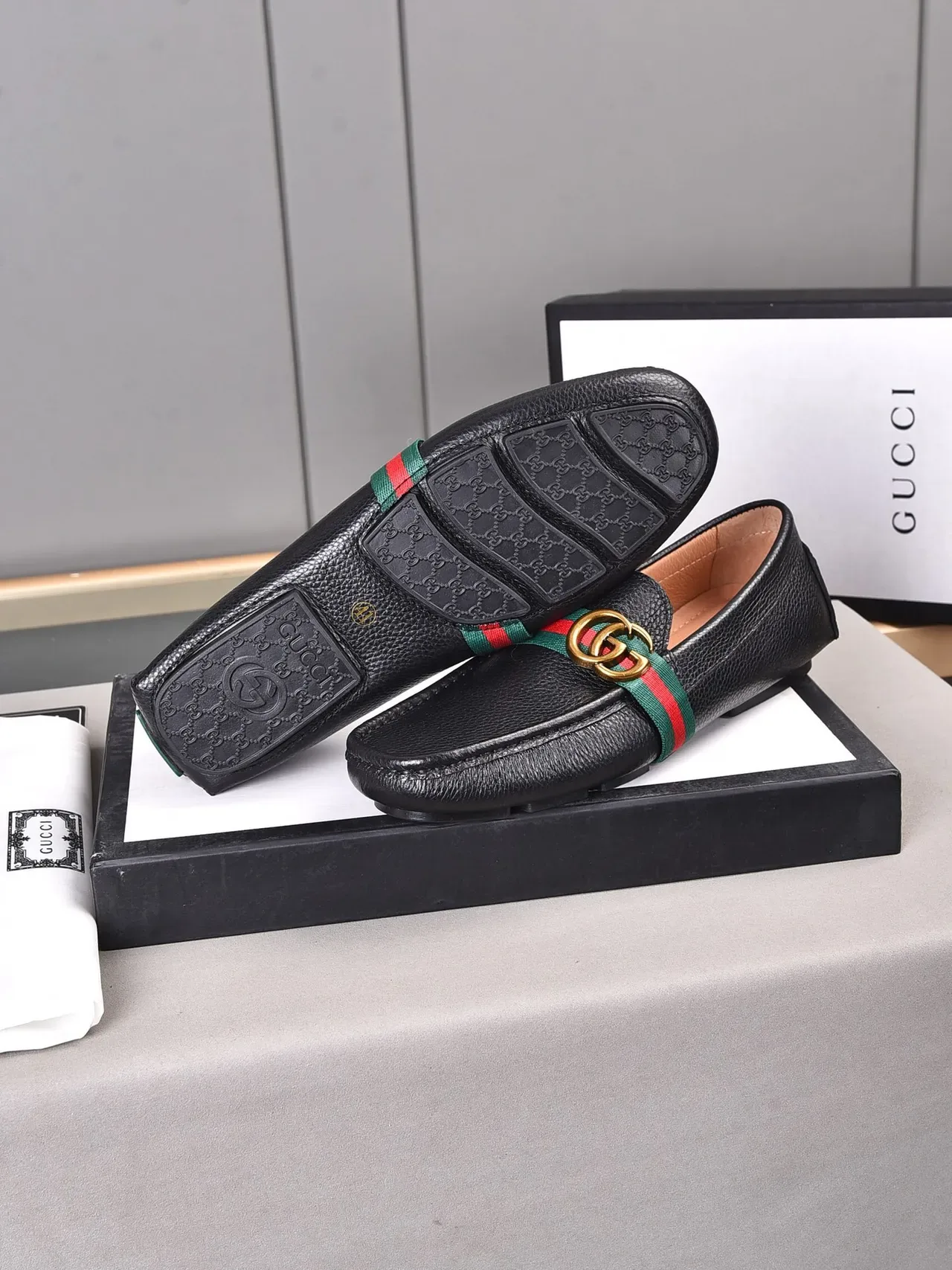 Gucci Horsebit 1955 Black Pebbled Leather Web Strap Loafers 4