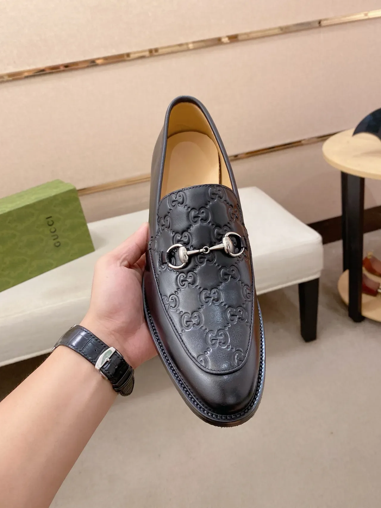 Gucci Horsebit 1955 Embossed GG Mocassim de Couro Preto 6