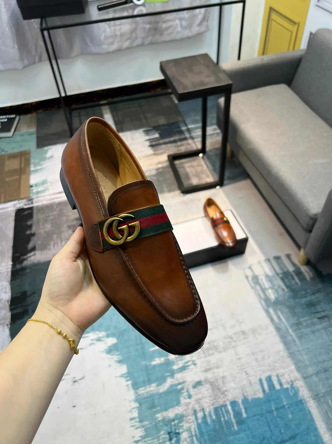 Gucci Horsebit 1955 Tan Leather Web Strap Loafer 6