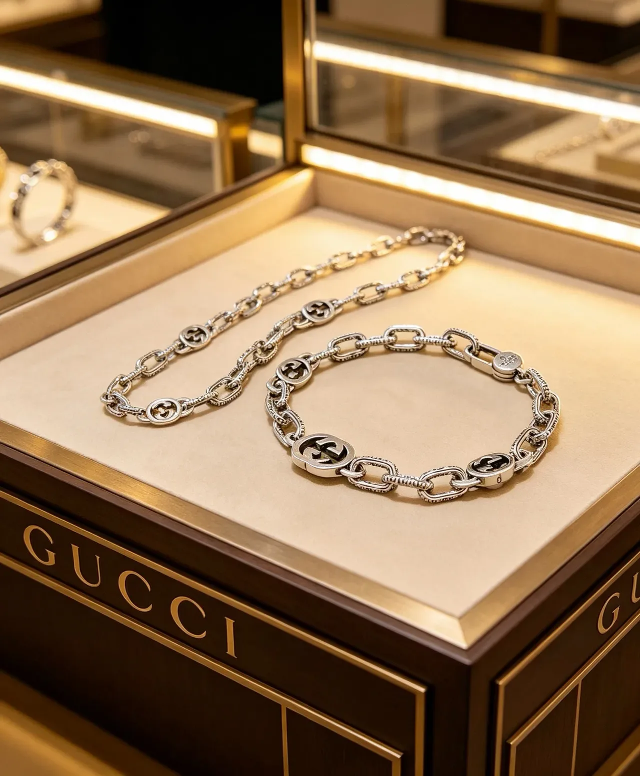Gucci Interlocking G Prata Corrente Chunky GG Medalhões Pulseira 6